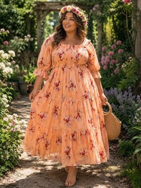 Plus Size Peach Floral Maxi Dress with Smocked Bodice